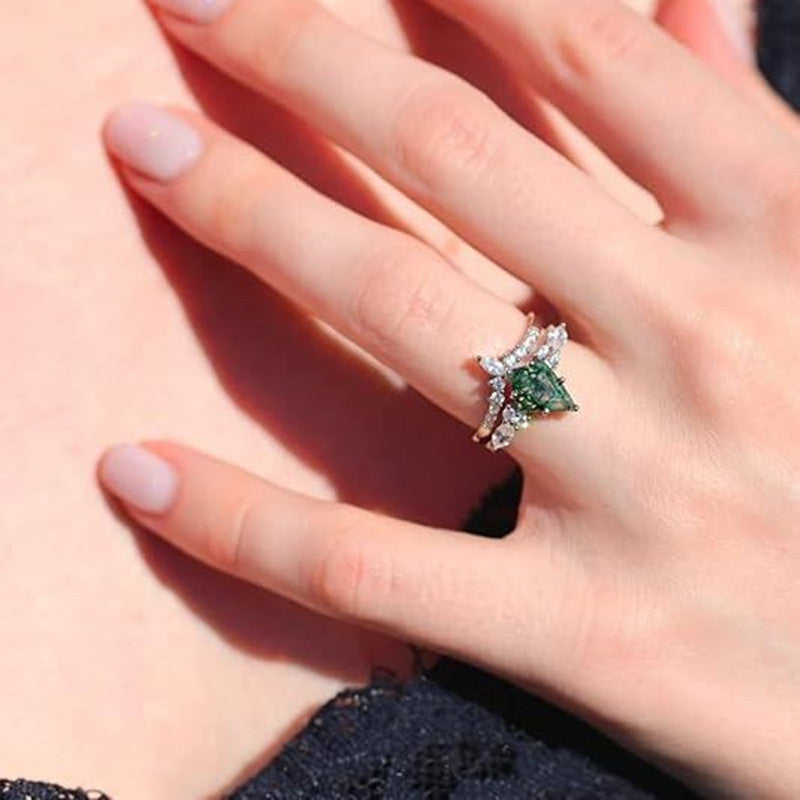 2pcs Natural Green Moss Stone Agate Ring