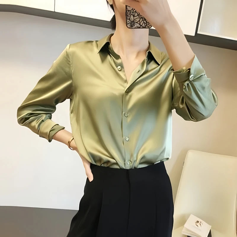 All-match Satin Finish Shirts And Blouses Women Clothing Casual Top OL Long Sleeve Button Elegant Shirts