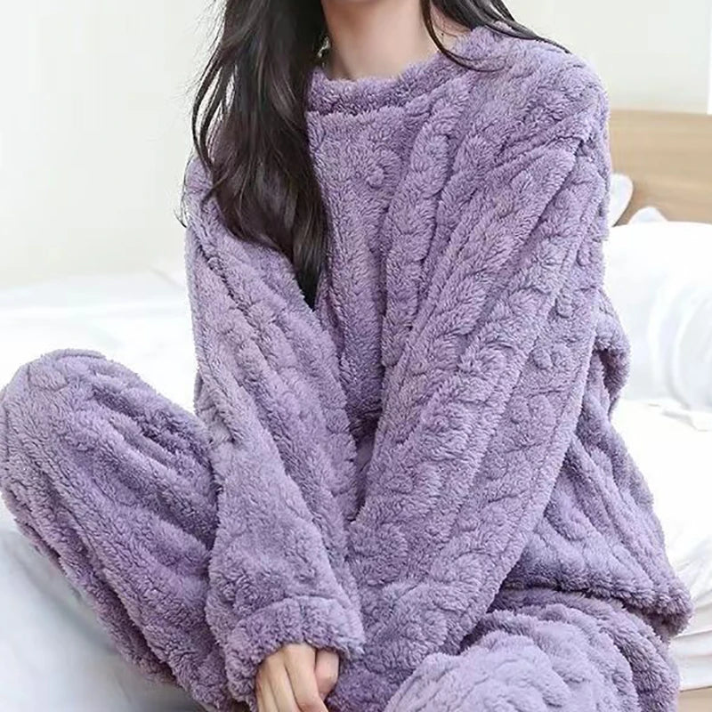 Autumn Women Solid Warm 2 Piece Sets Thicken Velvet Ribbed Fleece Set Pullover