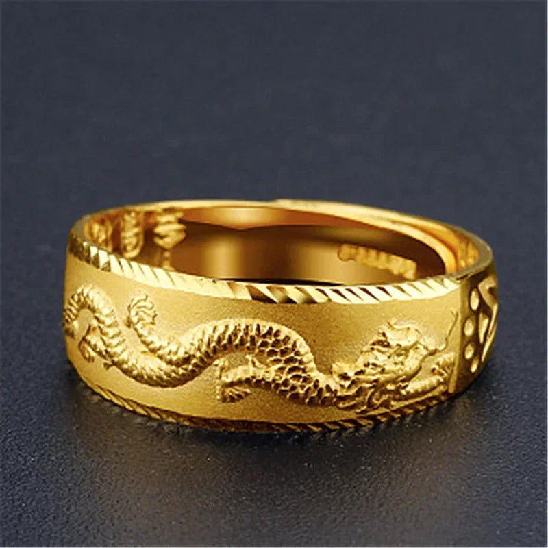 Gold 14 K Ring for Man Luxury Engraving Dragon Adjustable Ring