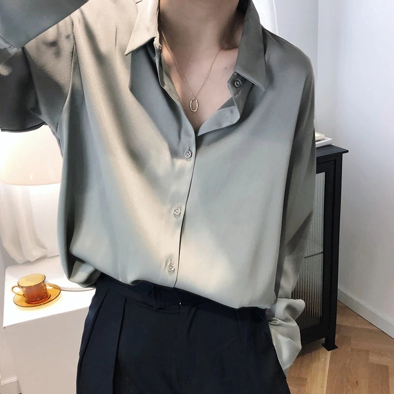 All-match Satin Finish Shirts And Blouses Women Clothing Casual Top OL Long Sleeve Button Elegant Shirts