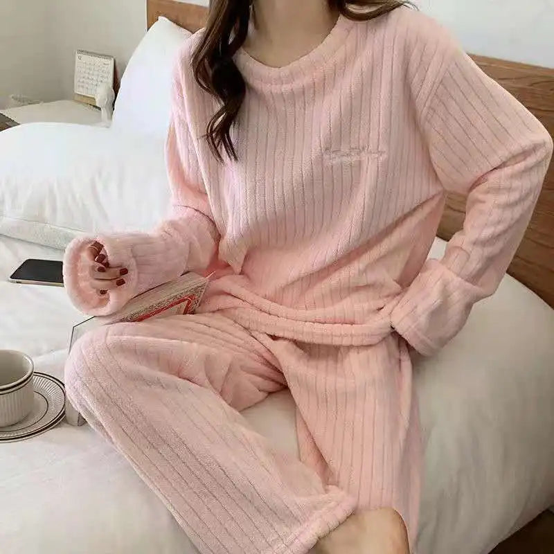 Autumn Women Solid Warm 2 Piece Sets Thicken Velvet Ribbed Fleece Set Pullover
