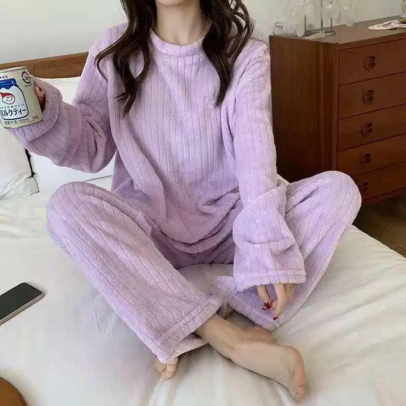 Autumn Women Solid Warm 2 Piece Sets Thicken Velvet Ribbed Fleece Set Pullover