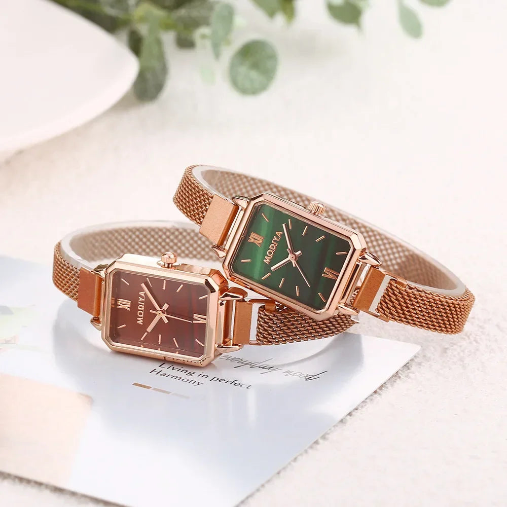 2024 Magnetic Strap Green Dial Simple Rose Gold Mesh Luxury Women Watches