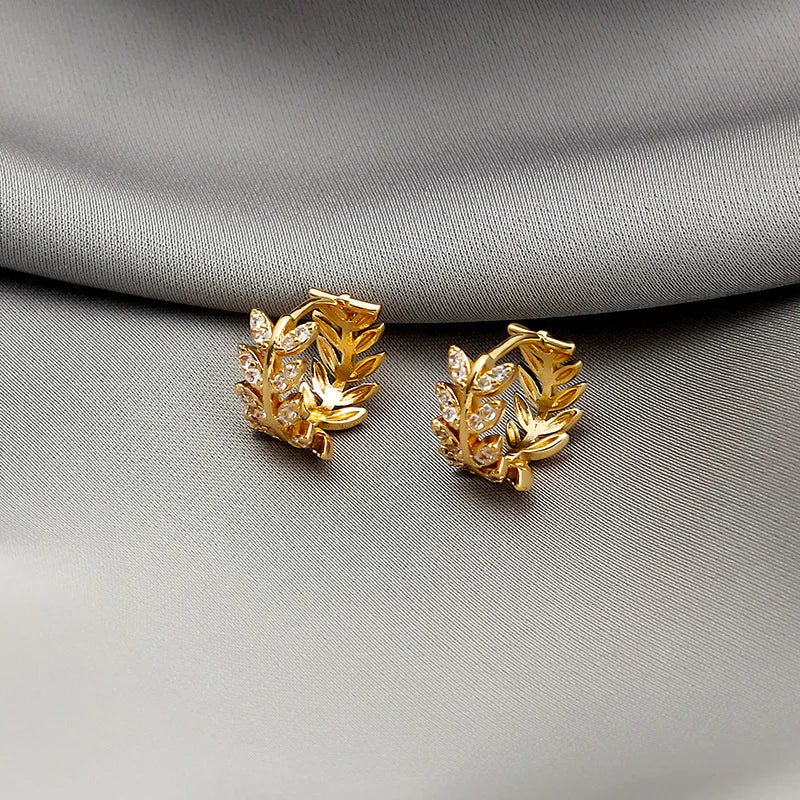 Delicate Leaf Earring with Shiny CZ for Women