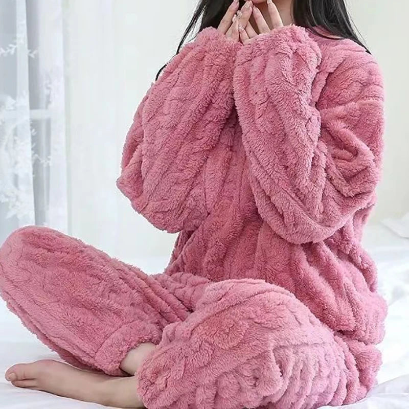 Autumn Women Solid Warm 2 Piece Sets Thicken Velvet Ribbed Fleece Set Pullover