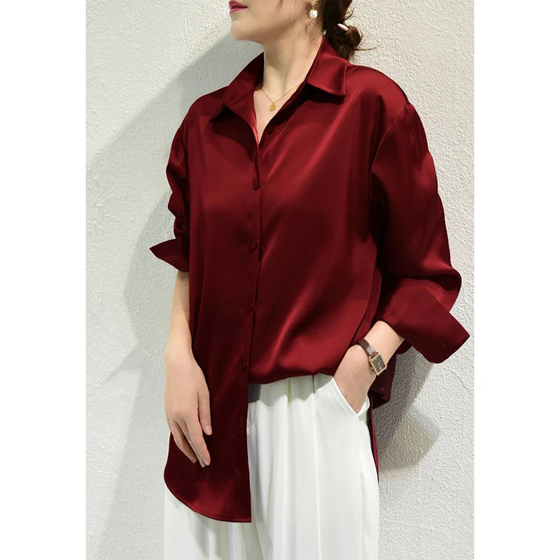 All-match Satin Finish Shirts And Blouses Women Clothing Casual Top OL Long Sleeve Button Elegant Shirts