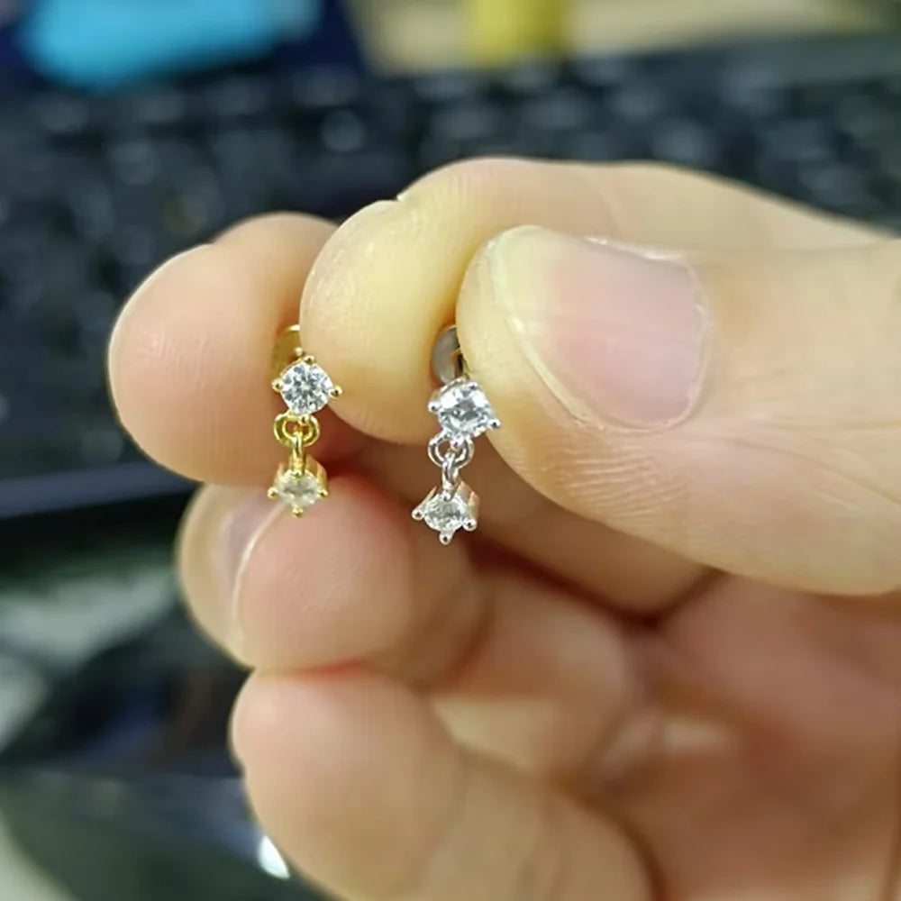 1pc 925 Sterling Silver Mini Zircon Thick Flat Screw Back Drop Earrings For Women