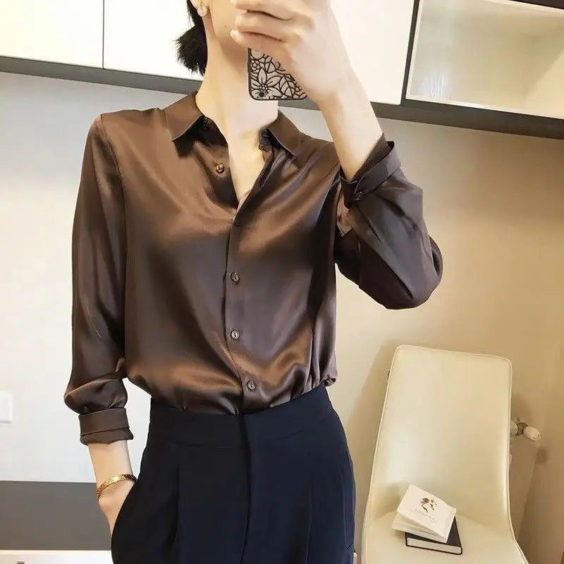 All-match Satin Finish Shirts And Blouses Women Clothing Casual Top OL Long Sleeve Button Elegant Shirts