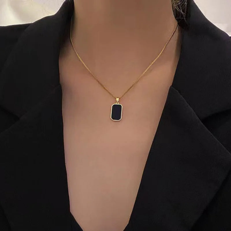 Korean Black Geometric Pendant Necklace for Women