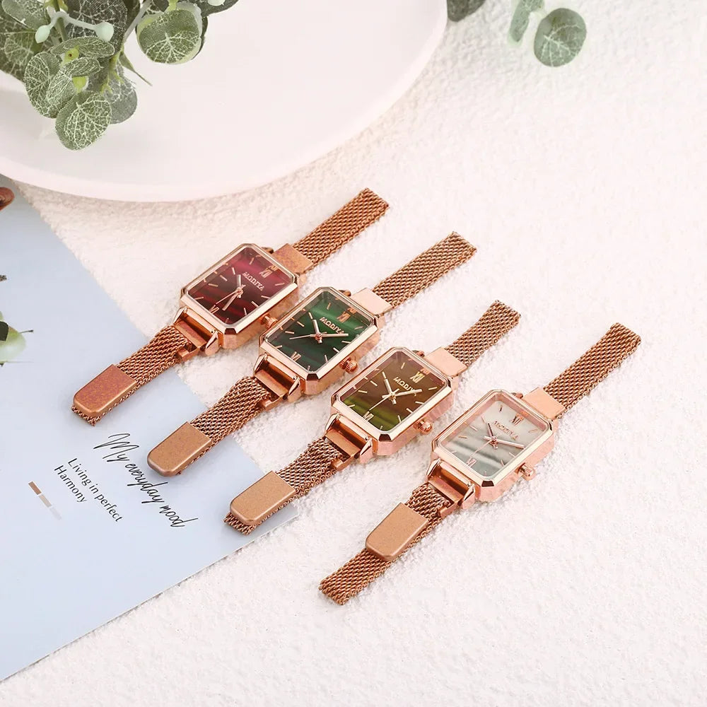 2024 Magnetic Strap Green Dial Simple Rose Gold Mesh Luxury Women Watches