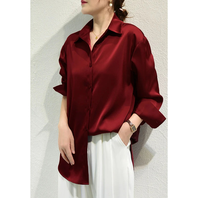 All-match Satin Finish Shirts And Blouses Women Clothing Casual Top OL Long Sleeve Button Elegant Shirts