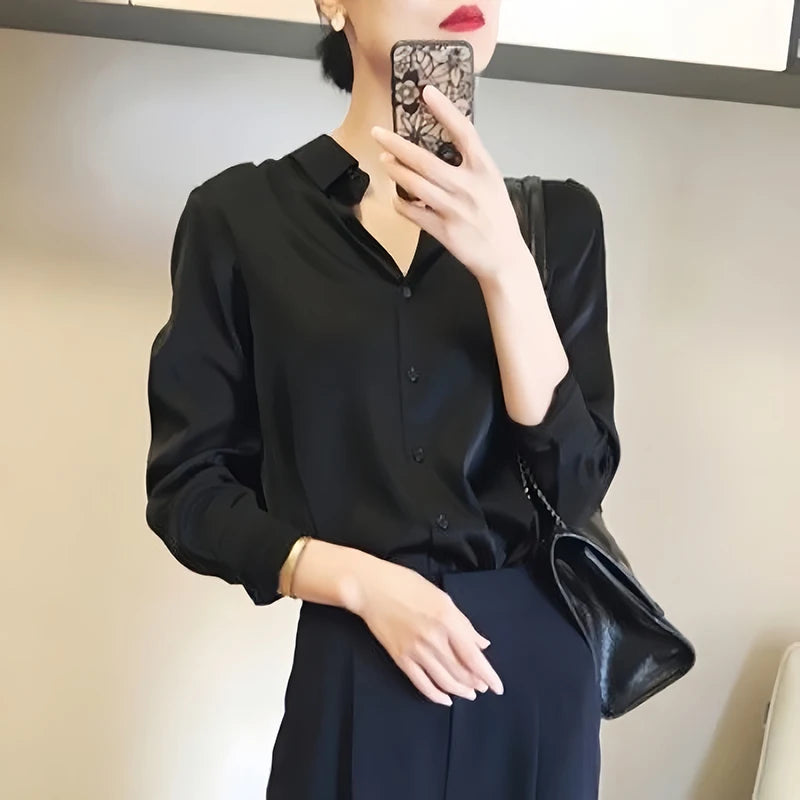 All-match Satin Finish Shirts And Blouses Women Clothing Casual Top OL Long Sleeve Button Elegant Shirts