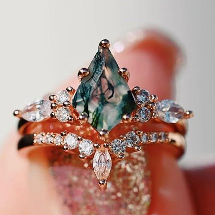 2pcs Natural Green Moss Stone Agate Ring