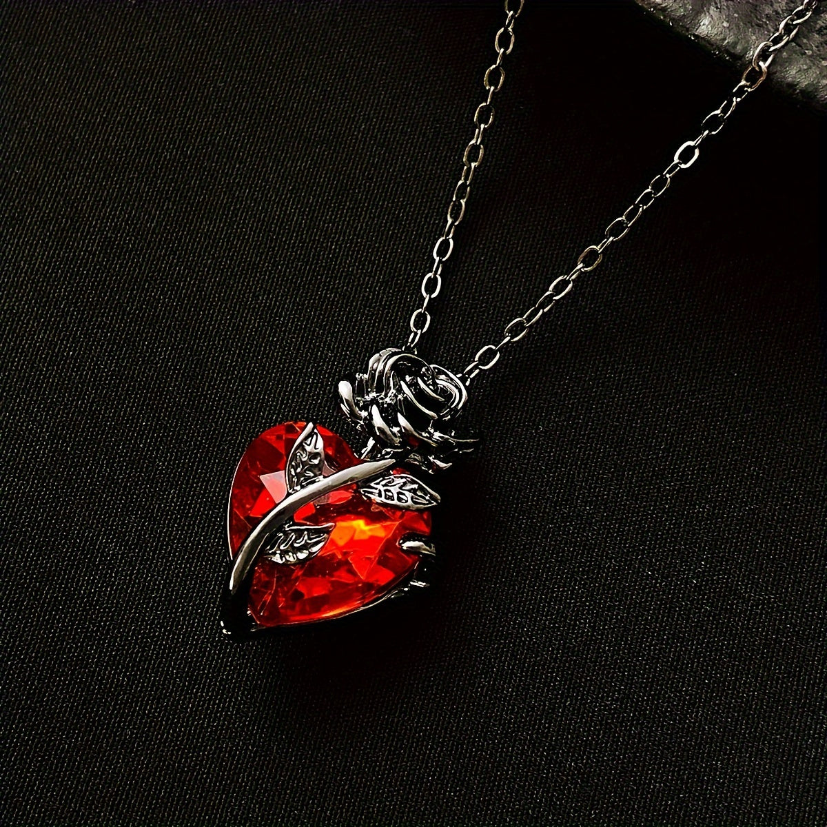 Gothic Dark Rose Flower & Red Heart Pendant Necklace,