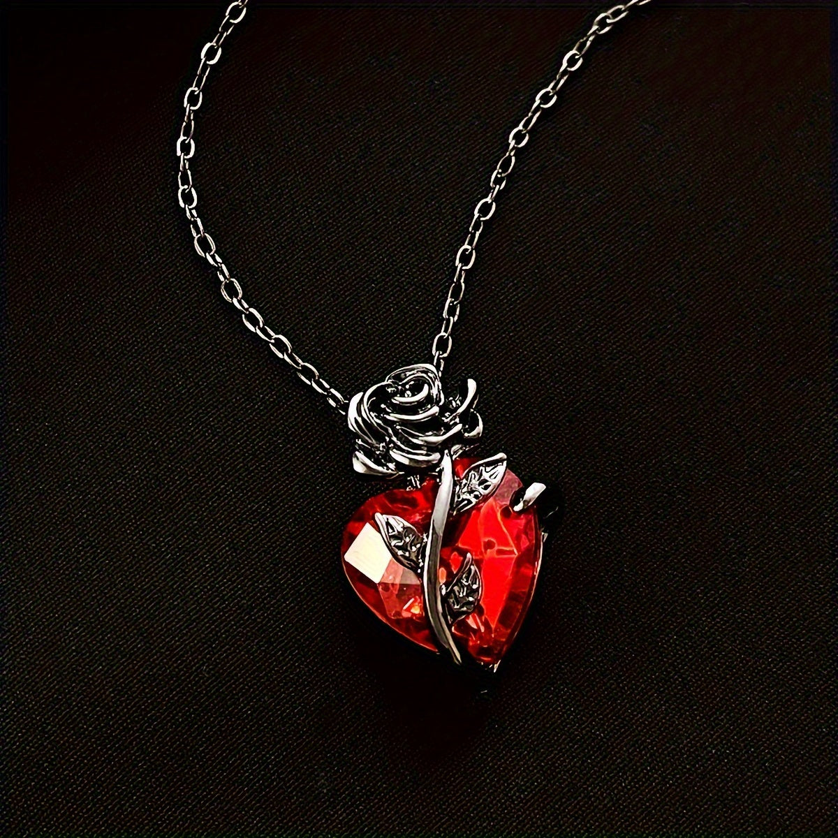 Gothic Dark Rose Flower & Red Heart Pendant Necklace,