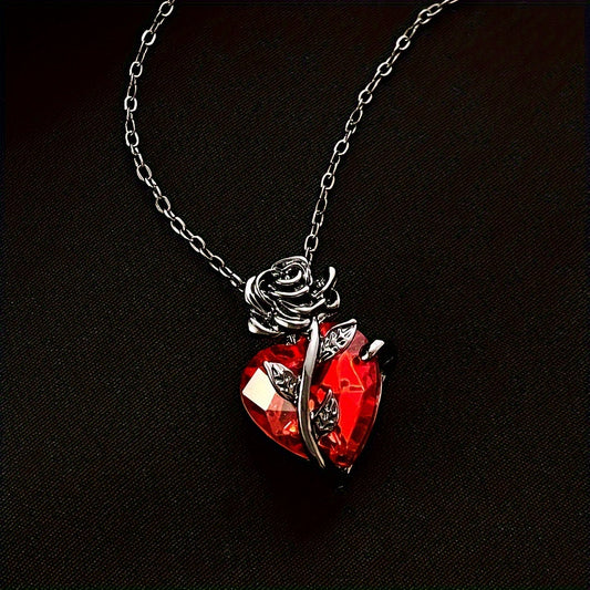 Gothic Dark Rose Flower & Red Heart Pendant Necklace,