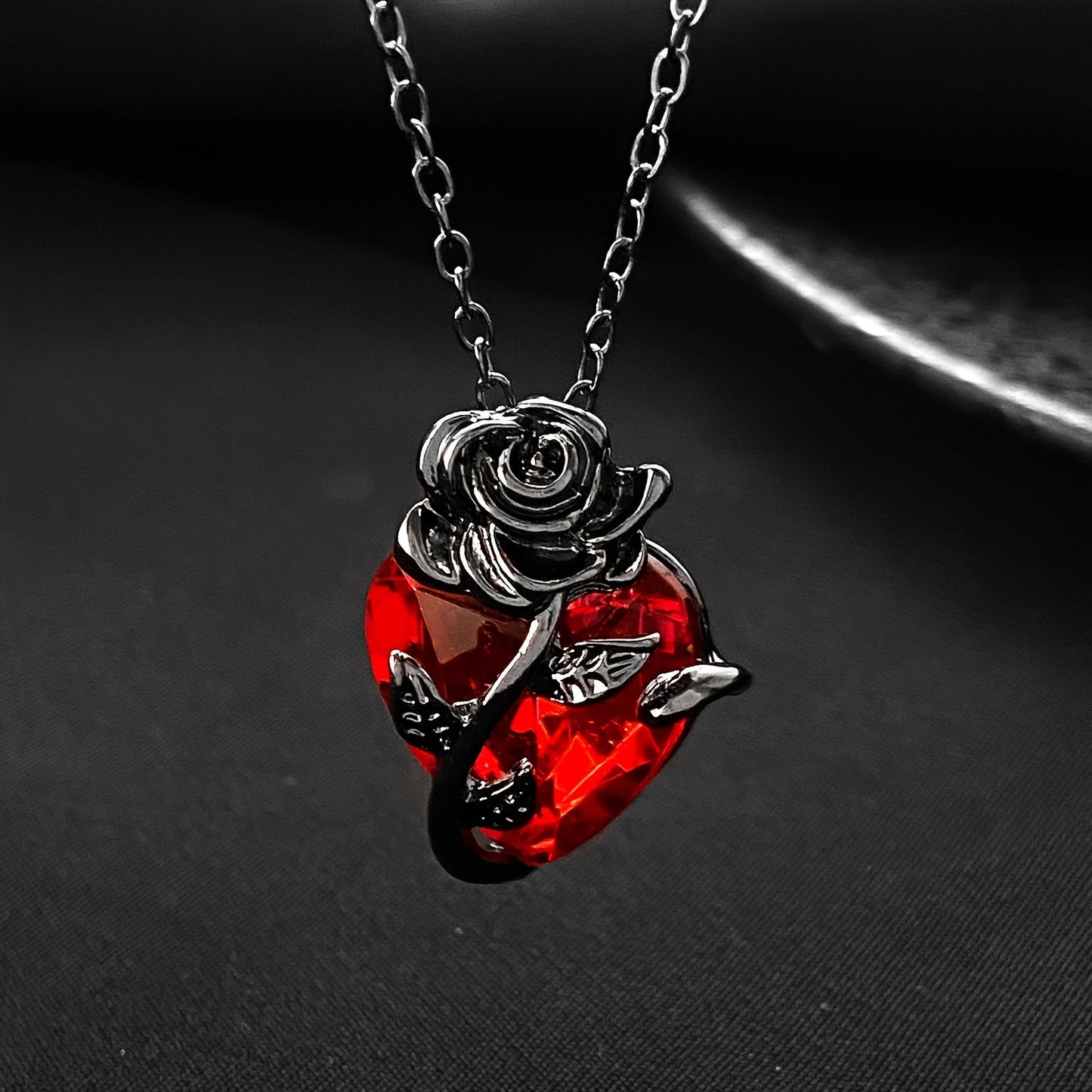 Gothic Dark Rose Flower & Red Heart Pendant Necklace,