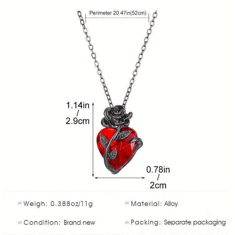 Gothic Dark Rose Flower & Red Heart Pendant Necklace,