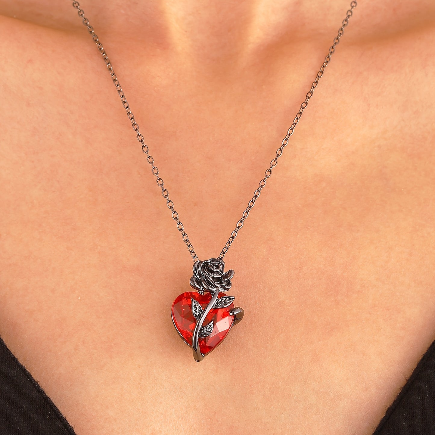 Gothic Dark Rose Flower & Red Heart Pendant Necklace,