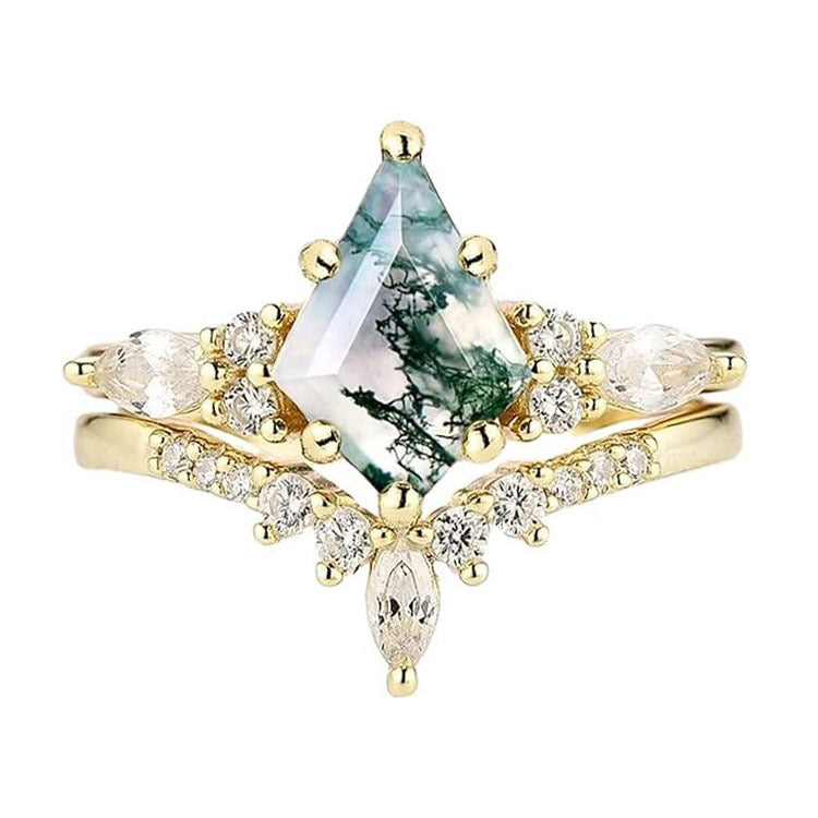 2pcs Natural Green Moss Stone Agate Ring