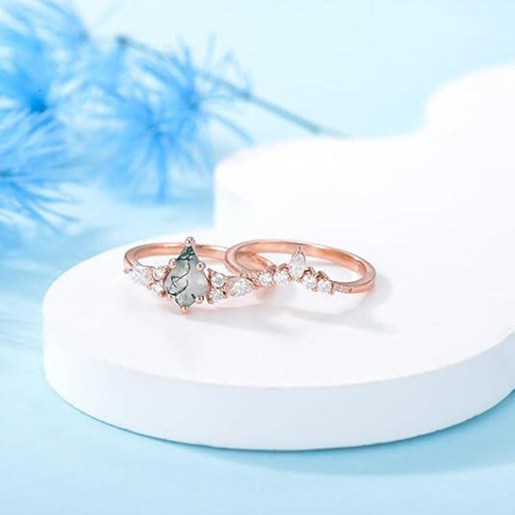 2pcs Natural Green Moss Stone Agate Ring