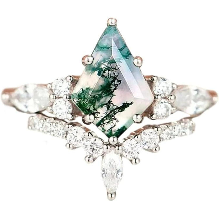 2pcs Natural Green Moss Stone Agate Ring