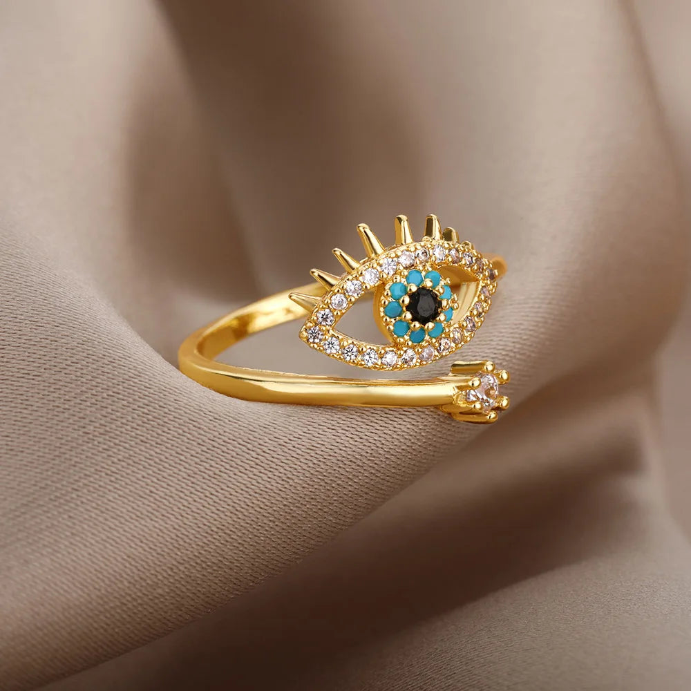 Turkish Evil Eye Rings For Women Gold Color Stainless Steel Ring 2024 Trend New in Luxury Wedding