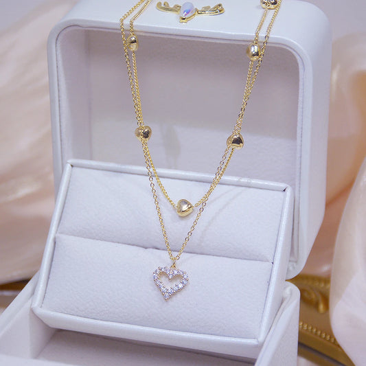 14k Plated Gold Double Layer Heart Necklace Shining Bling AAA Zircon Women