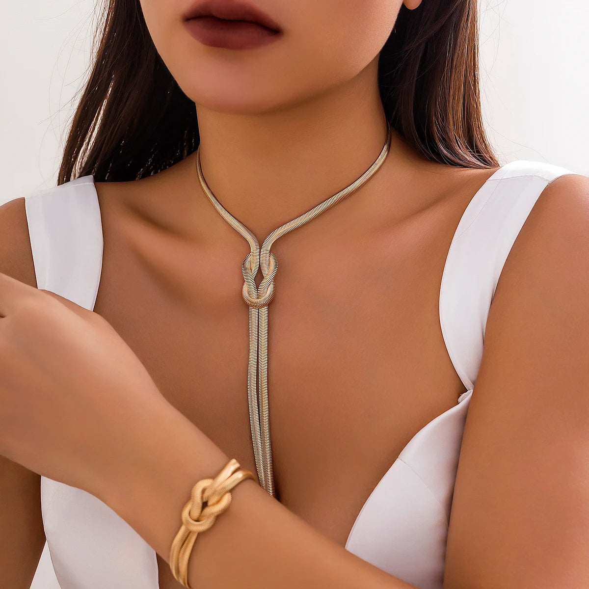 2Pcs/Set Sexy Smooth Long Snake Twisted Chain Necklace Bracelet for Women