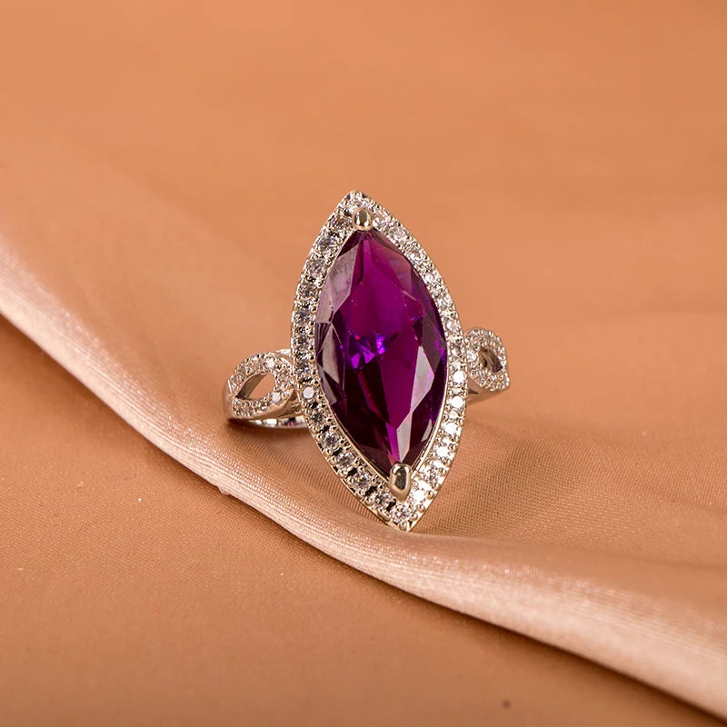 Classic Ring 10 * 20mm Large Amethyst Gem Horse Eye Zircon Women's High Grade Jewelry