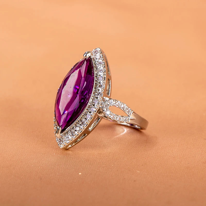 Classic Ring 10 * 20mm Large Amethyst Gem Horse Eye Zircon Women's High Grade Jewelry