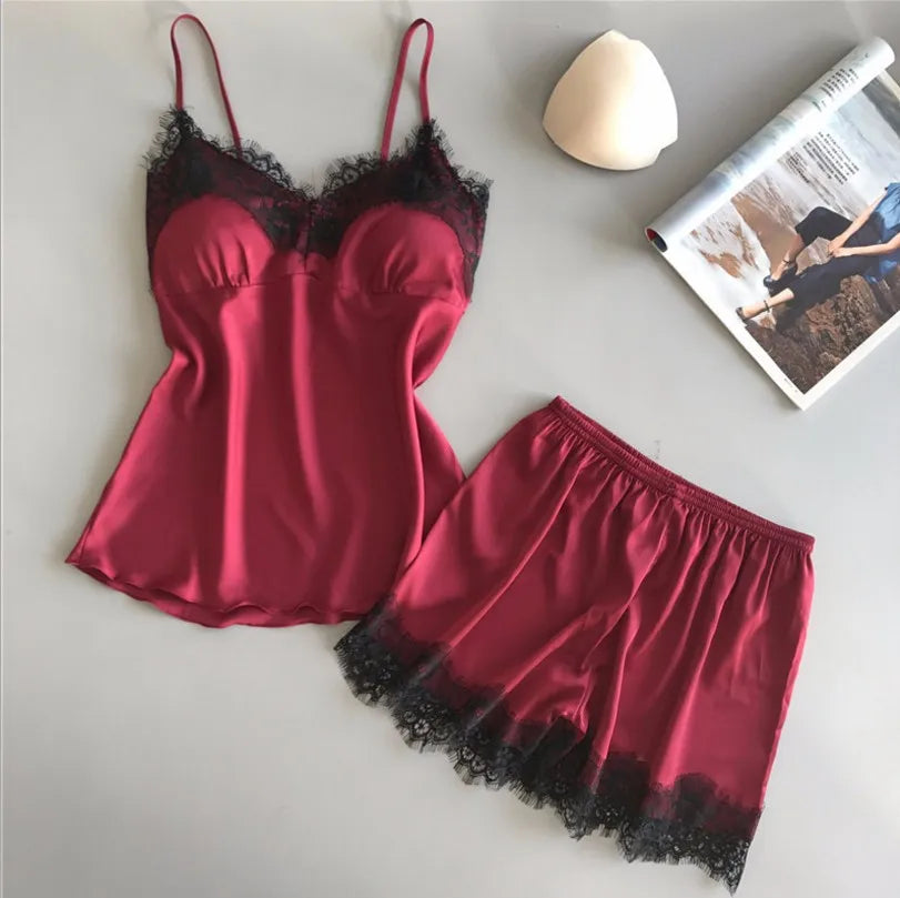 Summer Women's New Solid Color Suspender Shorts Two Piece Set Sexy Lace Lace Homewear Fashion Comfortable Light Luxury Pajamas