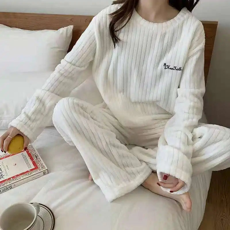 Autumn Women Solid Warm 2 Piece Sets Thicken Velvet Ribbed Fleece Set Pullover