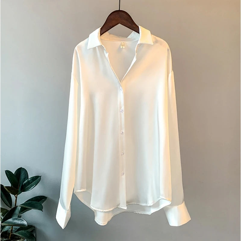 Spring Fashion Button Up Silk Shirt Vintage Blouse Women Satin Tops Office Lady Elegant Long Sleeves Female Loose Shirts