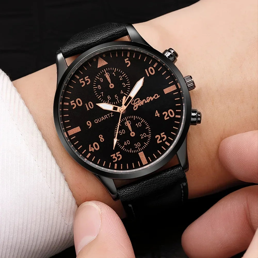 Men Sports Watches Set Man Business Quartz Wristwatch Luxury Brown Leather Bracelet