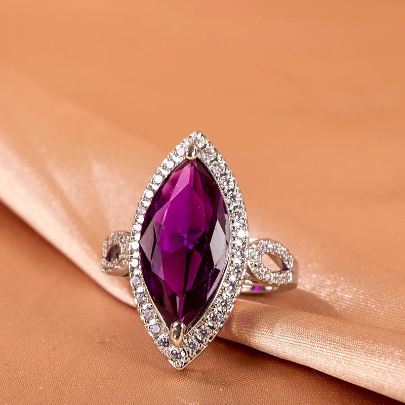 Classic Ring 10 * 20mm Large Amethyst Gem Horse Eye Zircon Women's High Grade Jewelry