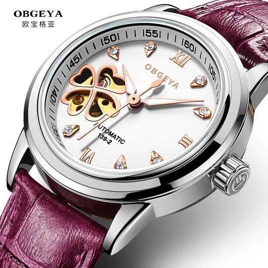Women Automatic Mechanical Watches Diamond Four-leaf Clover Wrist Watches