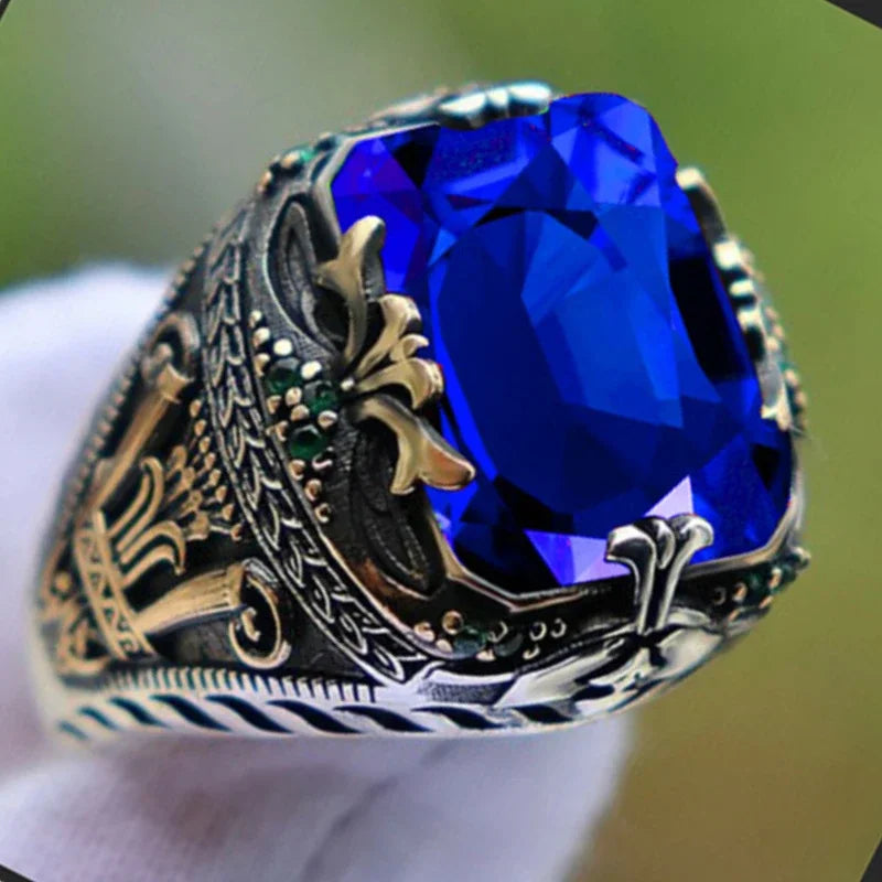 Inlaid Emerald Men's Luxury Ring Personality Retro Domineering Gem Sapphire Ring