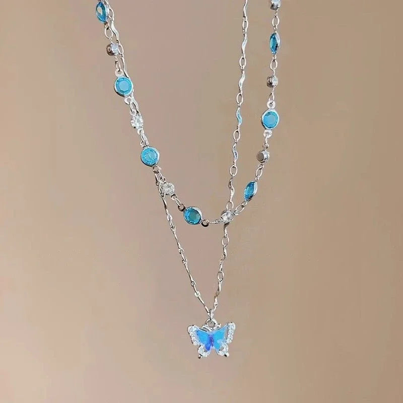 Blue Crystal Butterfly Necklace for Women Girls Simple Shiny Zircon Bilayer Choker Clavicle Chain New Fine Jewelry