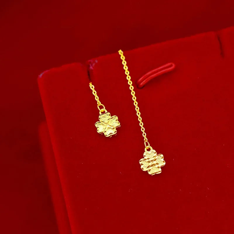 Genuine K Gold Drop Clover Earrings Simple Design for Women