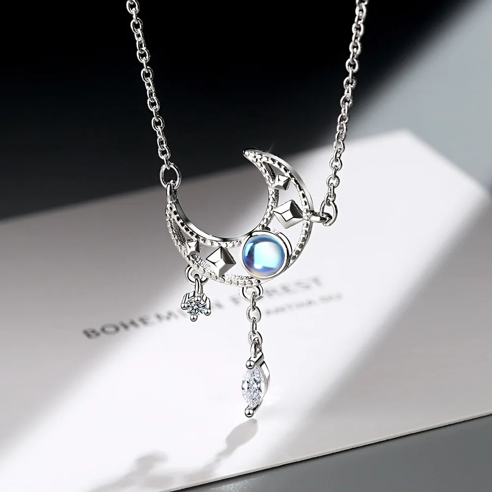 Moon Crystal Necklaces 925 Sterling Silver Aesthetic Fashion Chain Vintage Luxury Quality