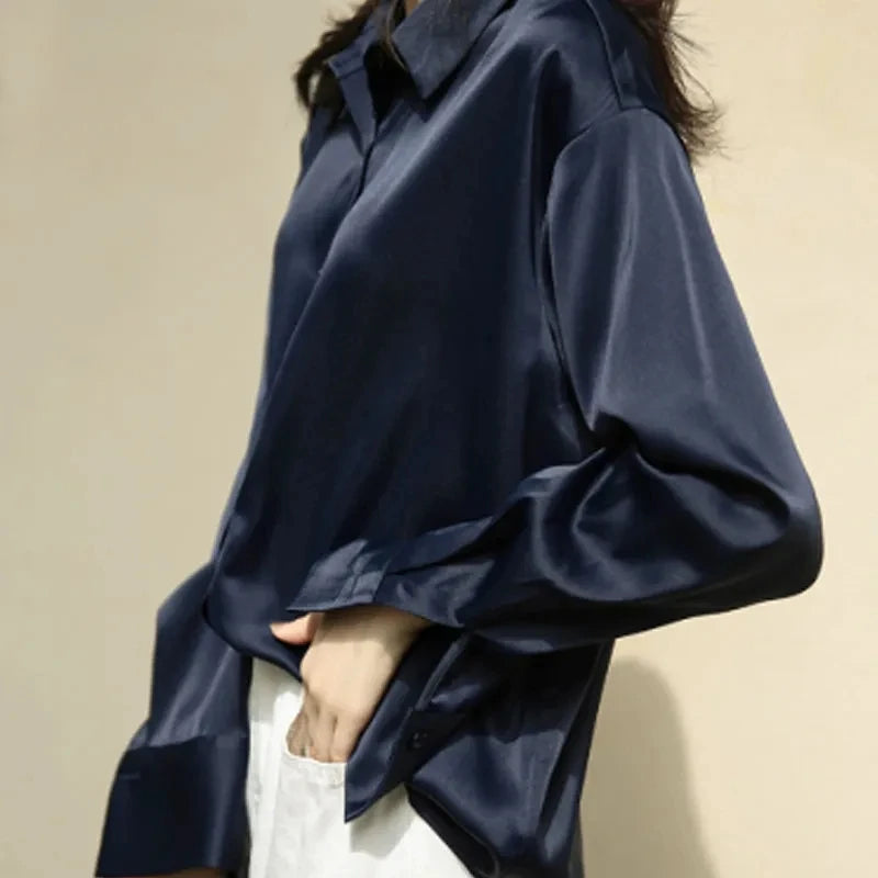 Spring Fashion Button Up Silk Shirt Vintage Blouse Women Satin Tops Office Lady Elegant Long Sleeves Female Loose Shirts