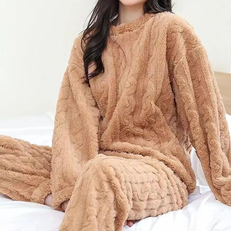 Autumn Women Solid Warm 2 Piece Sets Thicken Velvet Ribbed Fleece Set Pullover