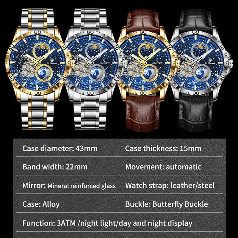 GLENAW Rotating Earth Double Wrist Automatic Mechanical Watch