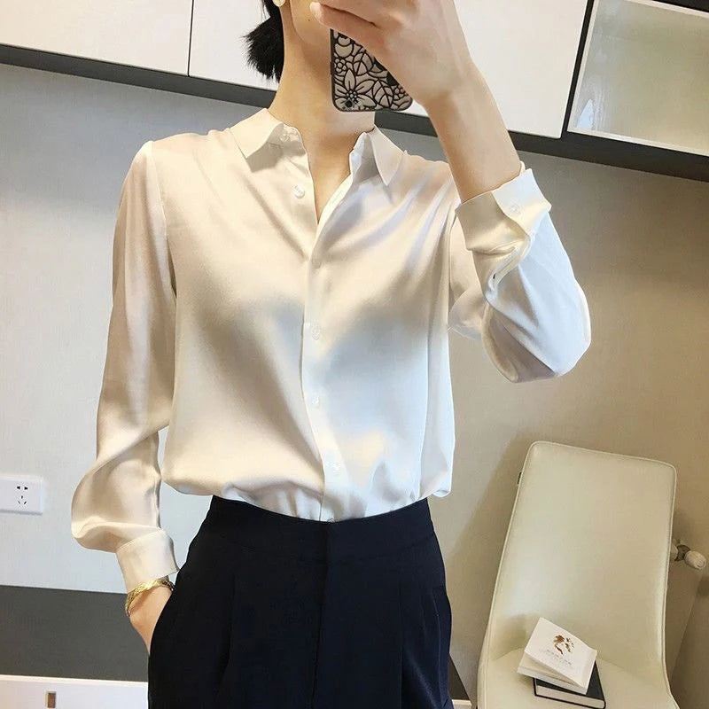 All-match Satin Finish Shirts And Blouses Women Clothing Casual Top OL Long Sleeve Button Elegant Shirts