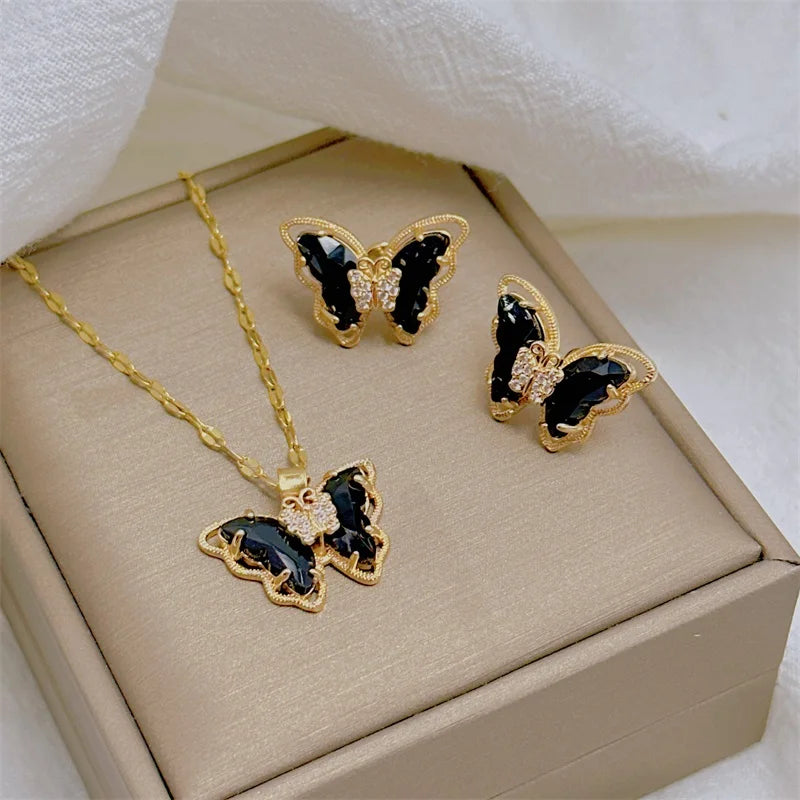 Butterfly Necklace Earrings Set Luxury