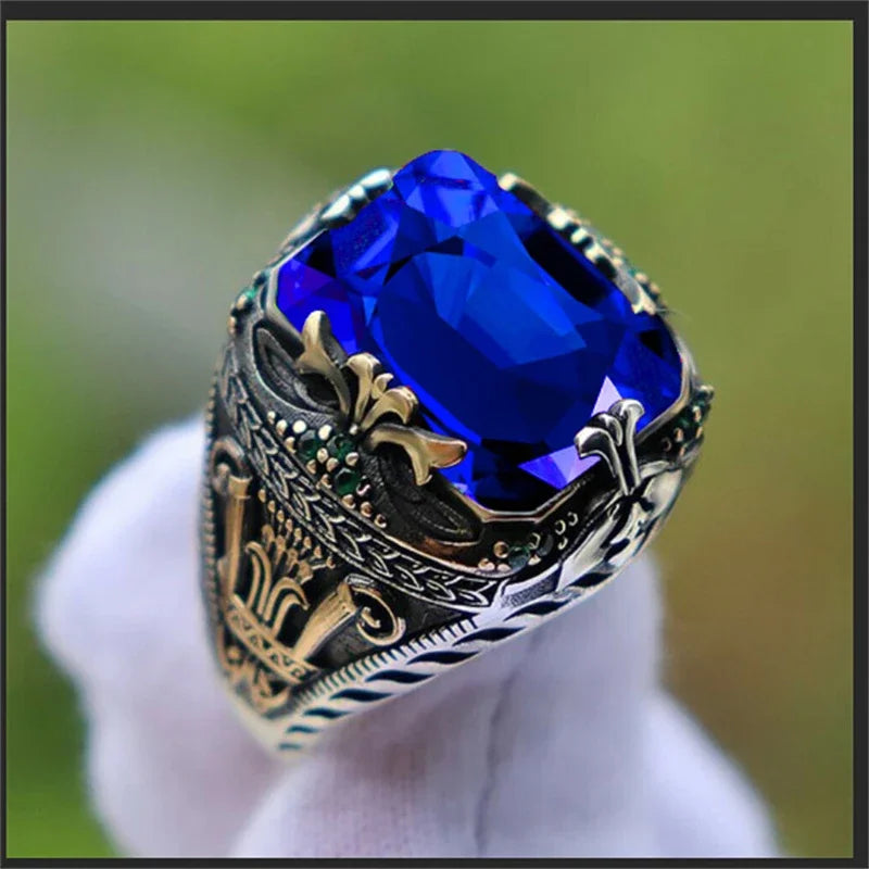 Inlaid Emerald Men's Luxury Ring Personality Retro Domineering Gem Sapphire Ring