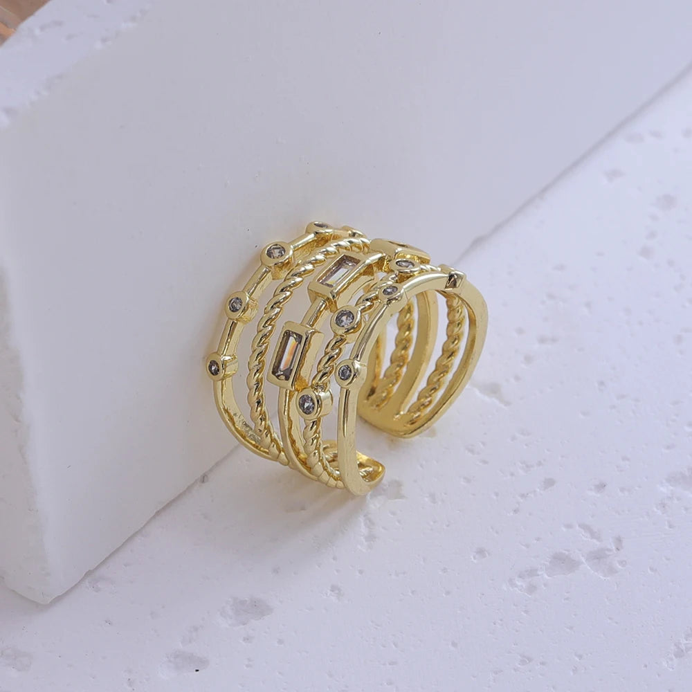 2024 New Stainless Steel 18 K Gold Plated Sun Rings for Women Natural Stone Inlaid in Hollow Metal Texture Ring Trendy Jewelry