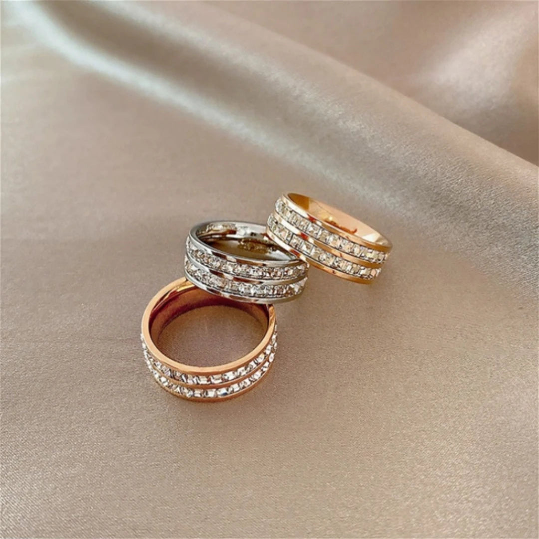 Luxury Rose Gold Double Rowed Square Zircon Stainless Steel Ring